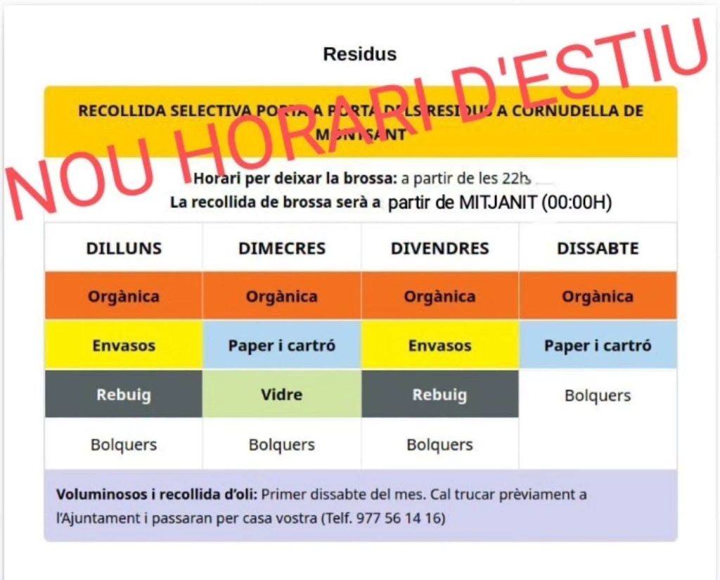 Nou horari provisional d'estiu per a la recollida d'escombraries.