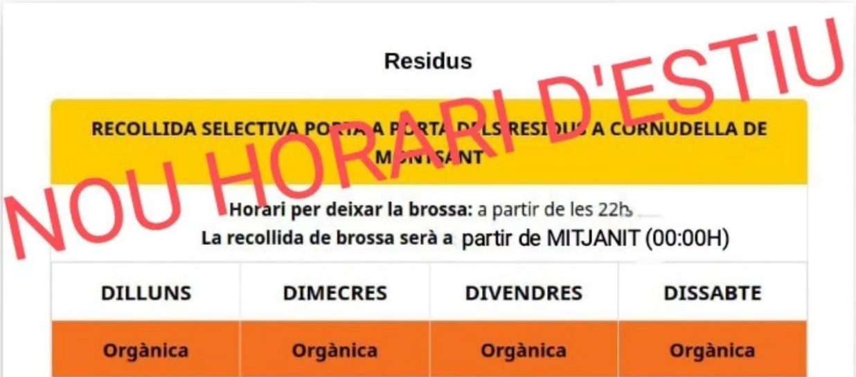 Canvi d’horari provisional en la recollida de residus porta a porta per les altes temperatures
